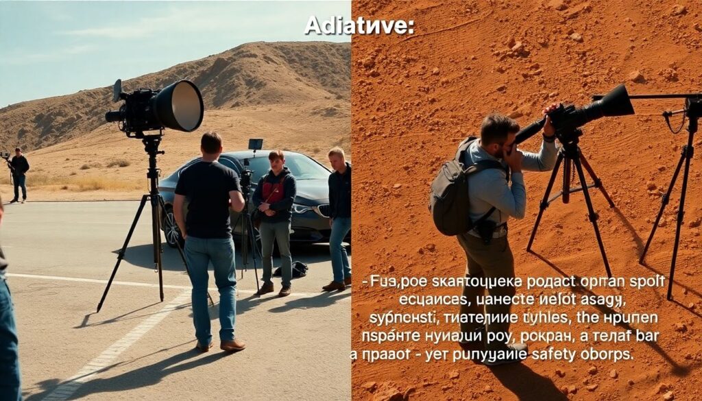 Работа со светом на местах съемок опасных трюков - иллюстрация