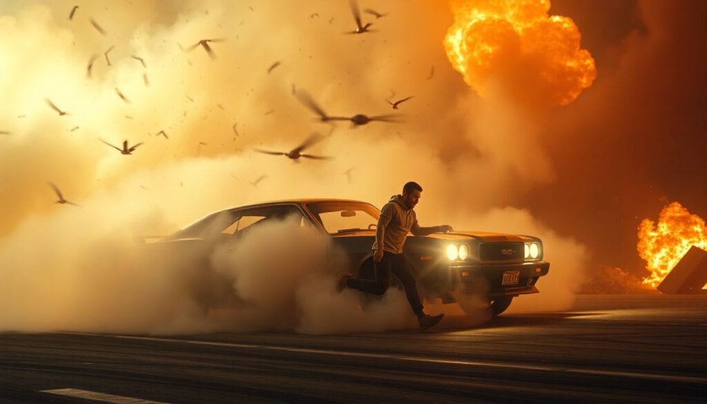 Работа со светом на местах съемок опасных трюков - иллюстрация